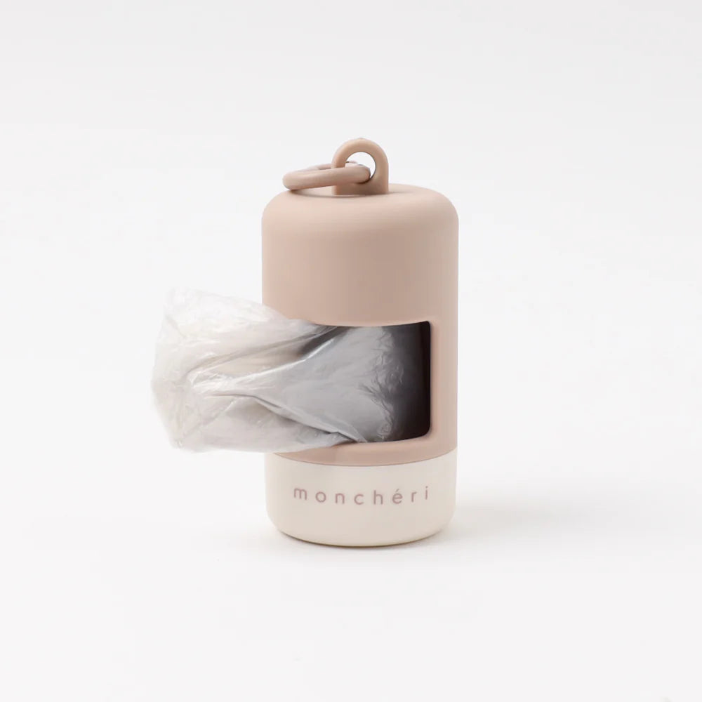 Beige plastic dog poop bag holder on a white background