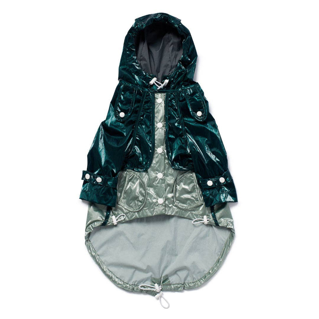 Shiny teal  raincoat for a dog on a white background