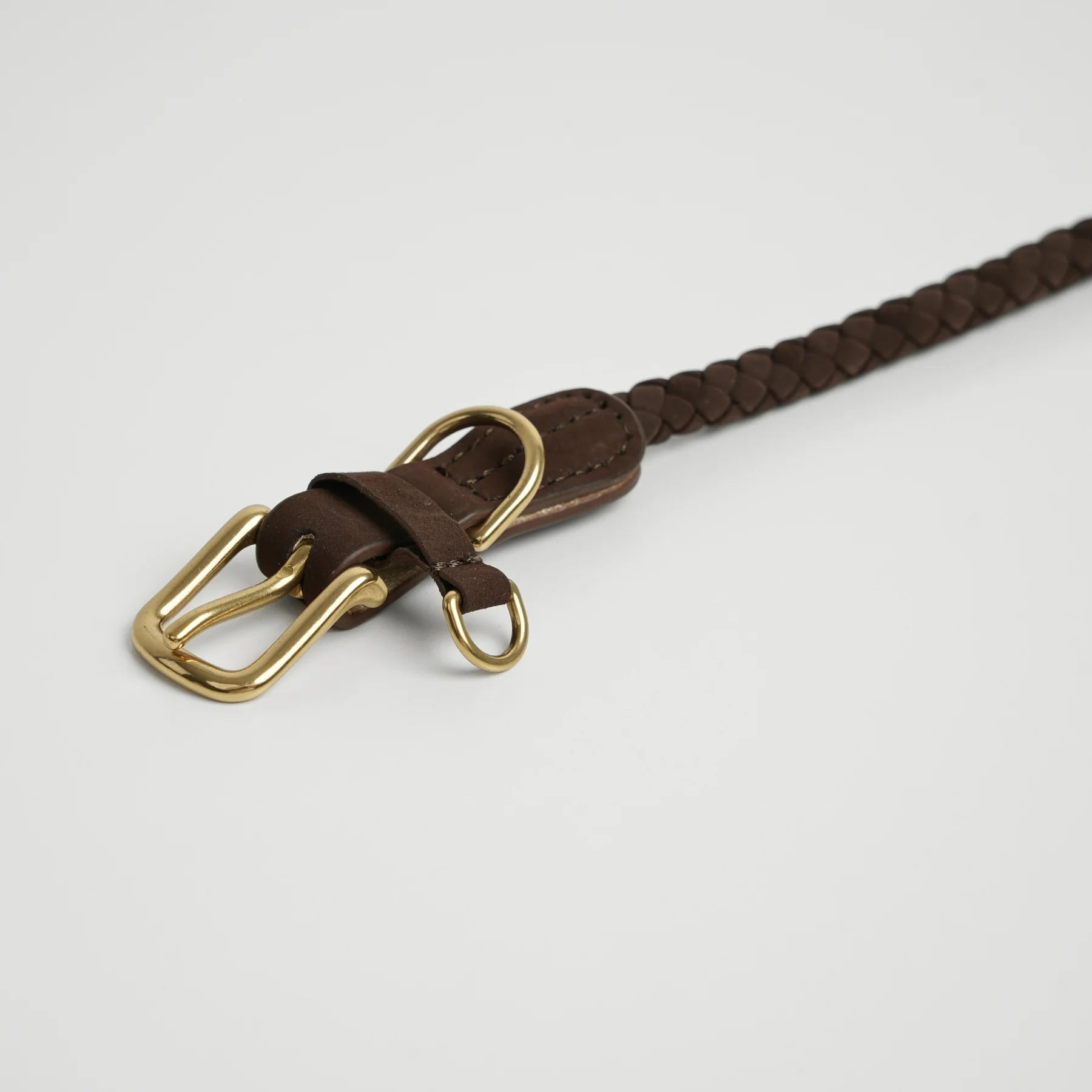Brown braided leather collar with  a gold buckle on a light gray background