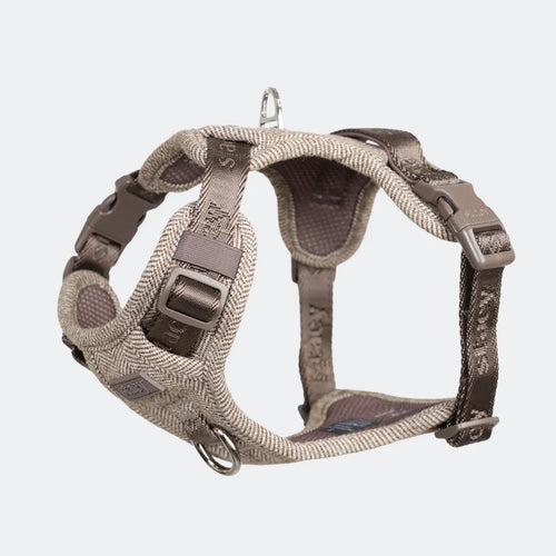 Brown and beige tweed dog harness with brown straps on a white background