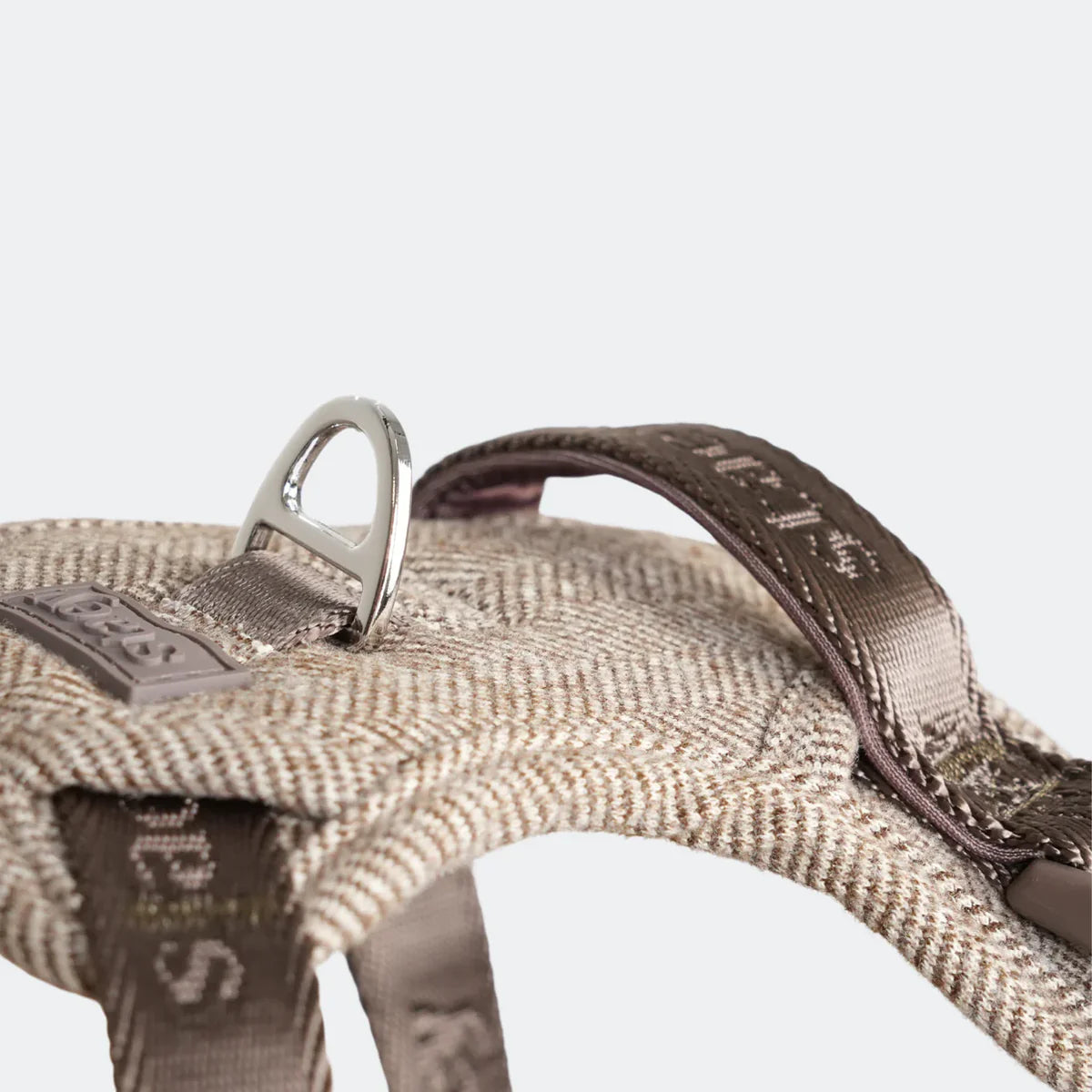 Close-up of a beige dog harness with a metal buckle on a white background