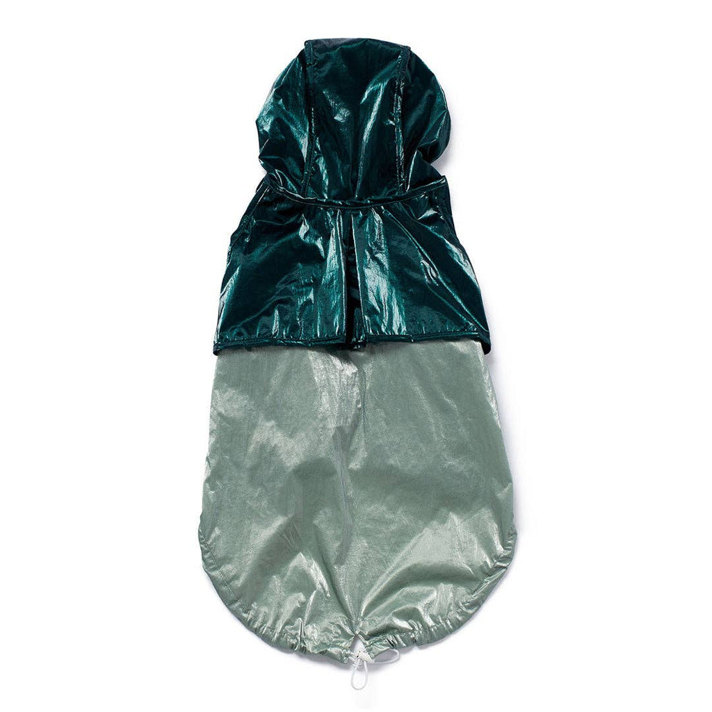 Green shiny dog raincoat on a white background