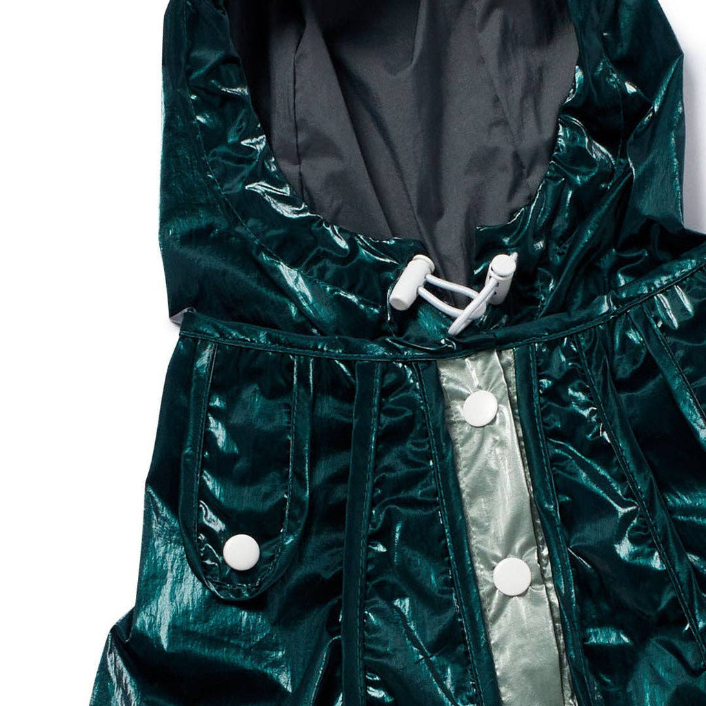 Green shiny dog raincoat with white buttons on a white background