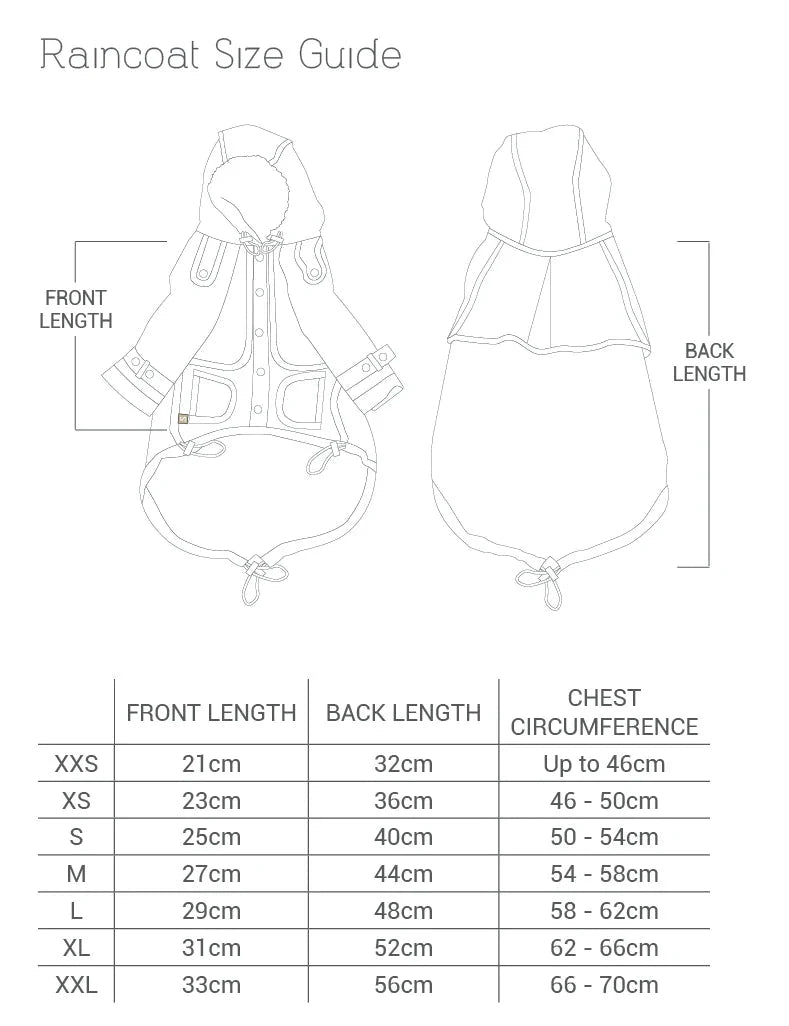 Raincoat size guide with measurements for front length, back length, and chest circumference.